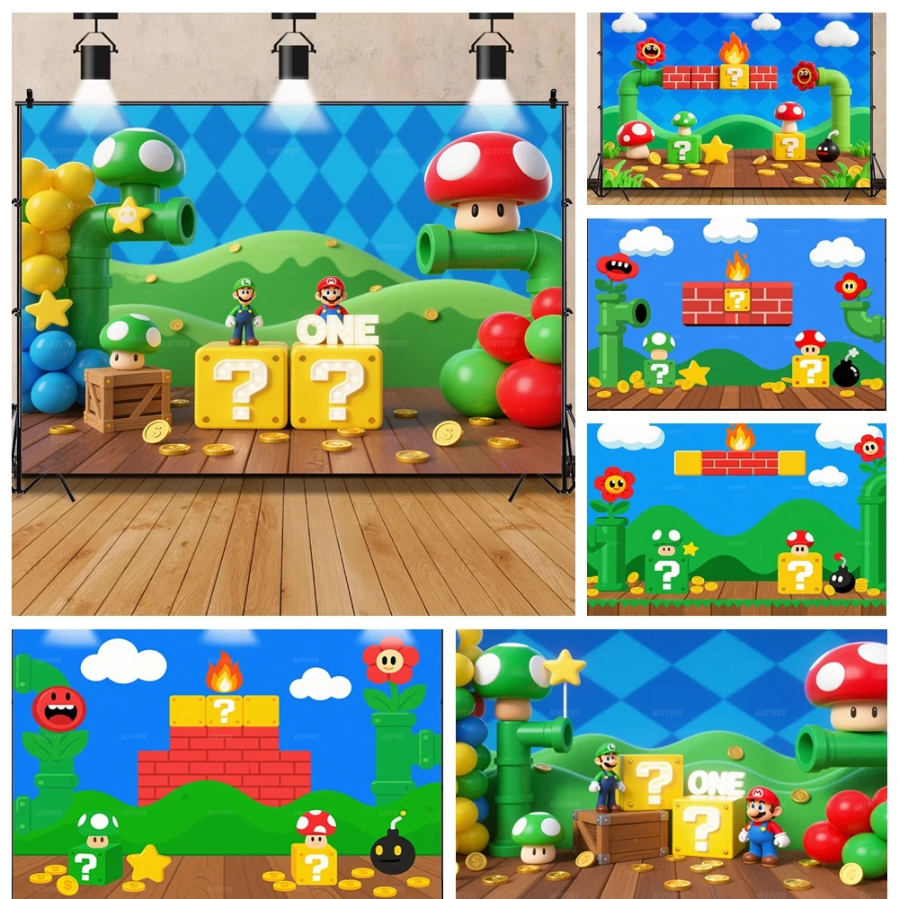 

Children's Game Photography Decoration Background Super Brother Mushroom Coin Boy Birthday Party Custom Baby Shower Backdrop