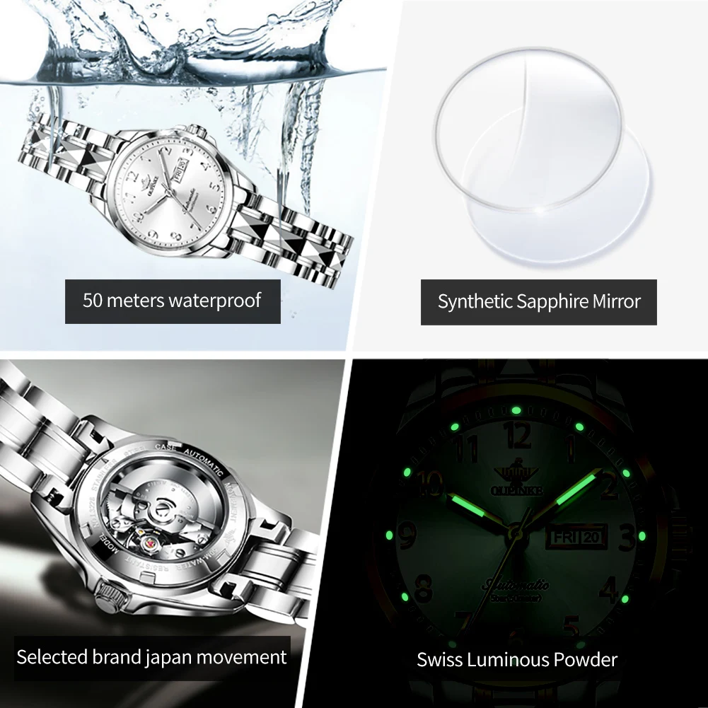OUPINKE 3228 Ladies Watch Luxury Automatic Mechanical Watch 50M Waterproof Watches For Women Date Set Gifts Dual Calendar