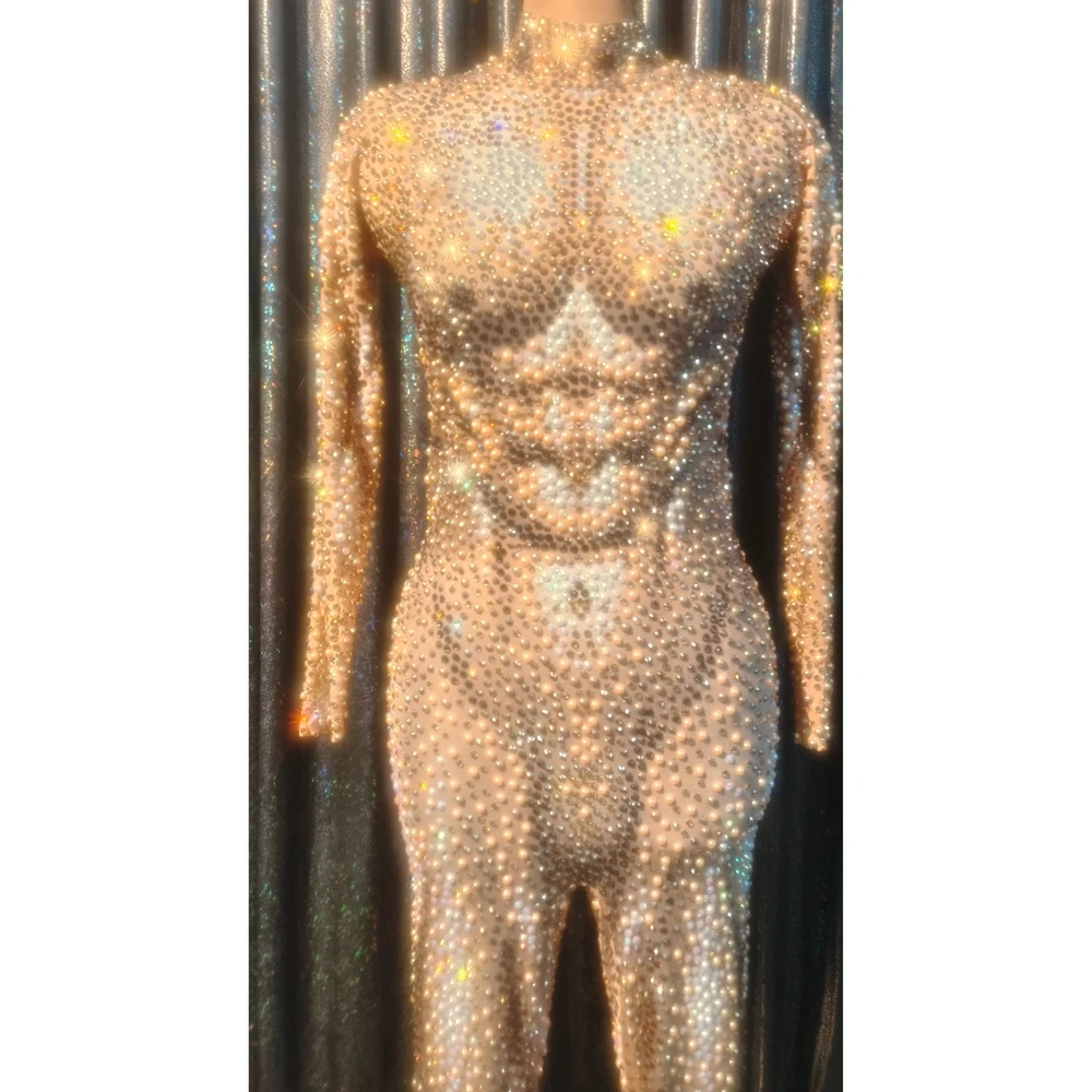 หรูหราไข่มุก Rhinestones Jumpsuit สำหรับชายยืดหยุ่น Leotard เซ็กซี่ DJ ไนท์คลับชุดเต้นรำเครื่องแต่งกายสวมใส่