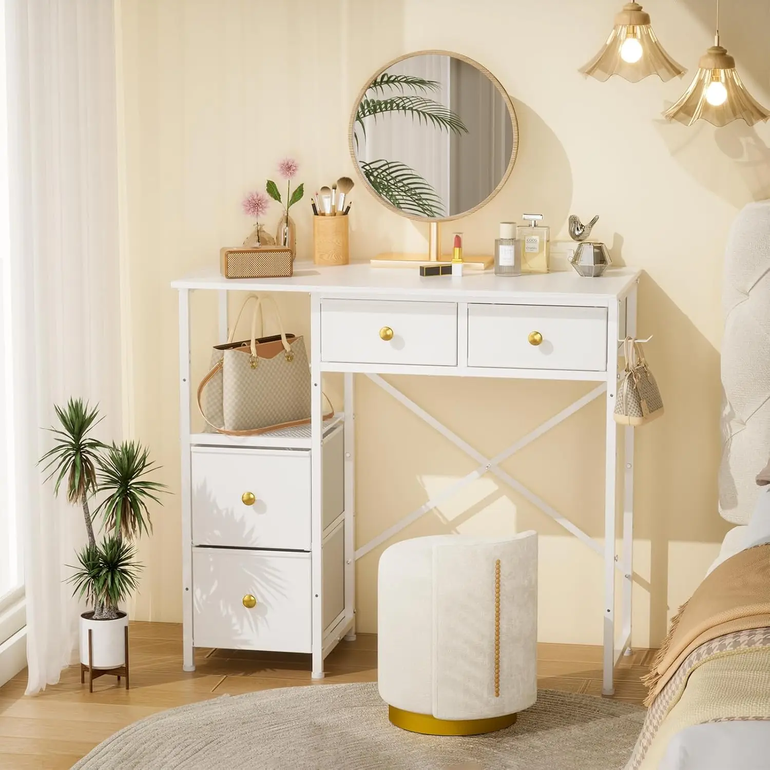 

White Vanity Desk Without Mirror, Small Makeup Table with 4 Fabric Drawers, 33.5 Inches Dressing Storage for Bedroom