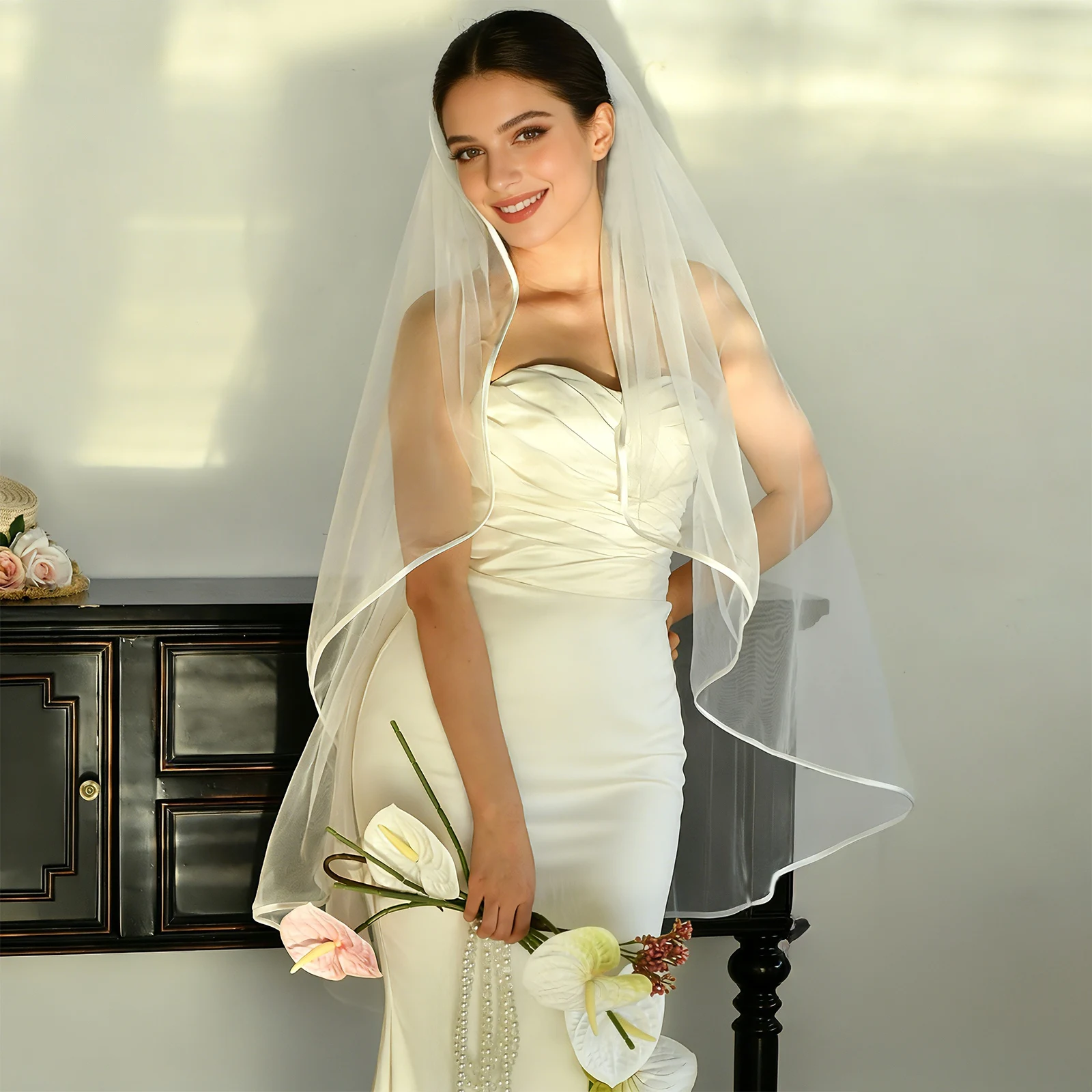 TOPQUEEN حجاب الزفاف الشريط موجة حافة طرحة زفاف الزفاف قصيرة طبقة واحدة أنيقة Rochii مع مشط للتخصيص V302