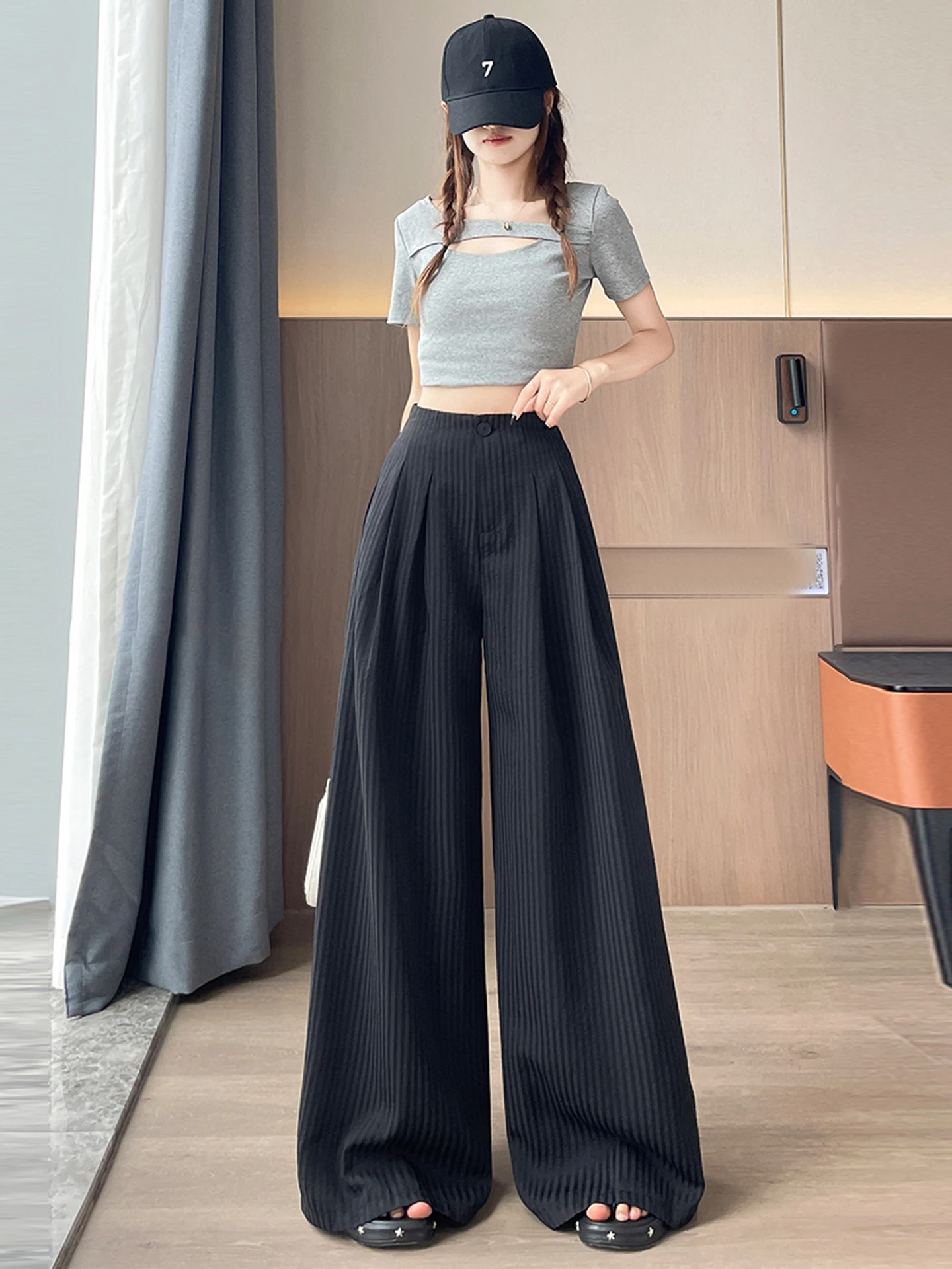 

High Waist Women Striped Wide Leg Pants Summer Thin Loose Straight Trousers Casual Cotton and Linen Female Pants