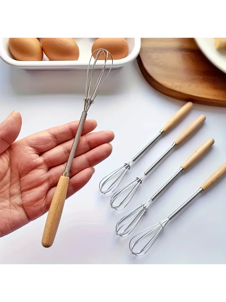 Whisk with Solid Wood Handle Kitchen Mini Stainless Steel Egg Beater Milk Whipper Whisk Wire for Blending Beating