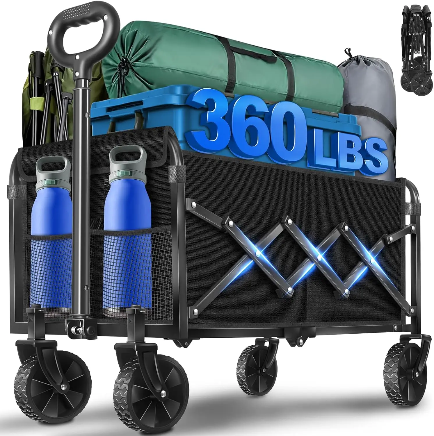 

Wagons Cart Foldable, 360 Lbs with Adjustable Handle, Black Lightweight Portable, Collapsible Wagon for Beach Trip, Camping,