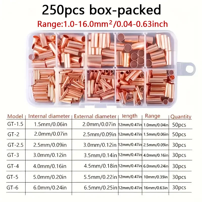 250pcs 7 Sizes of Copper Connecting Pipe Kit With - Perfect For Wire Joints & Cable Lugs!wire connection terminals, home applian