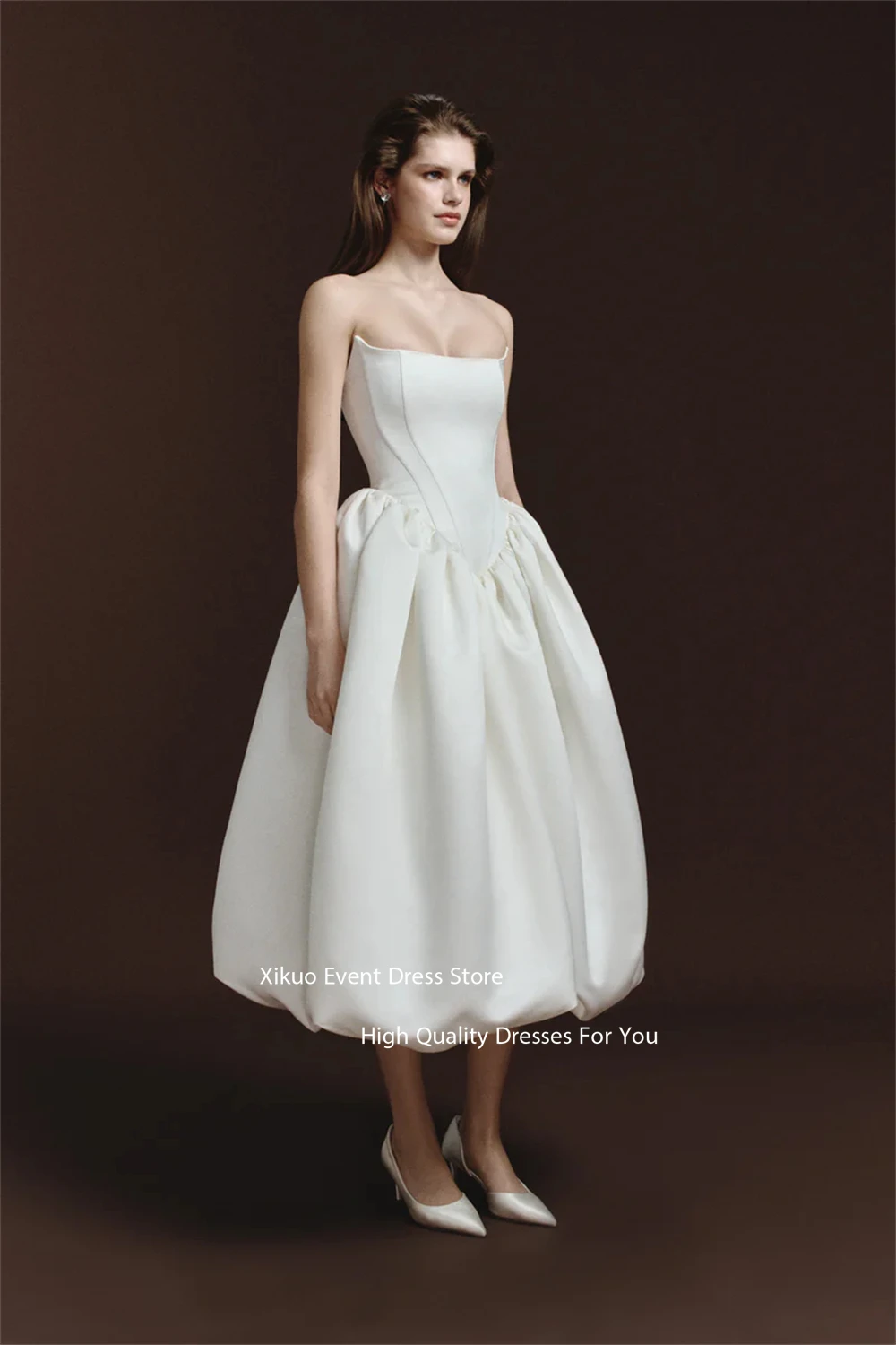 Xikuo Sleeveless Ribbons Elegant Wedding Dress Strapless Midi Length Vestidos De Novia A Line Bridal Gowns For Girl Customized