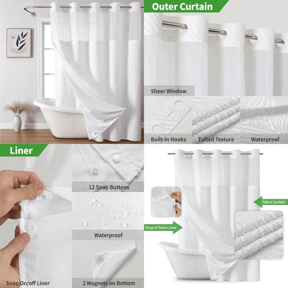 

Занавеска для душа без крючка и комплект вкладышей, текстурированная занавеска для душа в полоску без крючка с застежкой на замену вкладыша и водонепроницаемостью