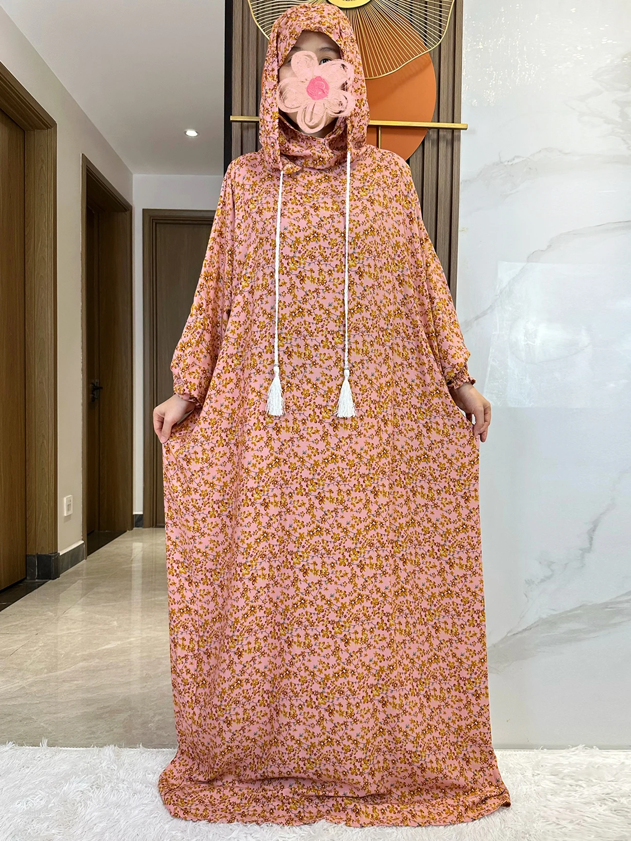 2024 Ramadan Niqab Khimar Muslim Floral Cotton Abaya Dubai Turkey Islam Prayer Clothes African Dresses Kaftan Robe Femme