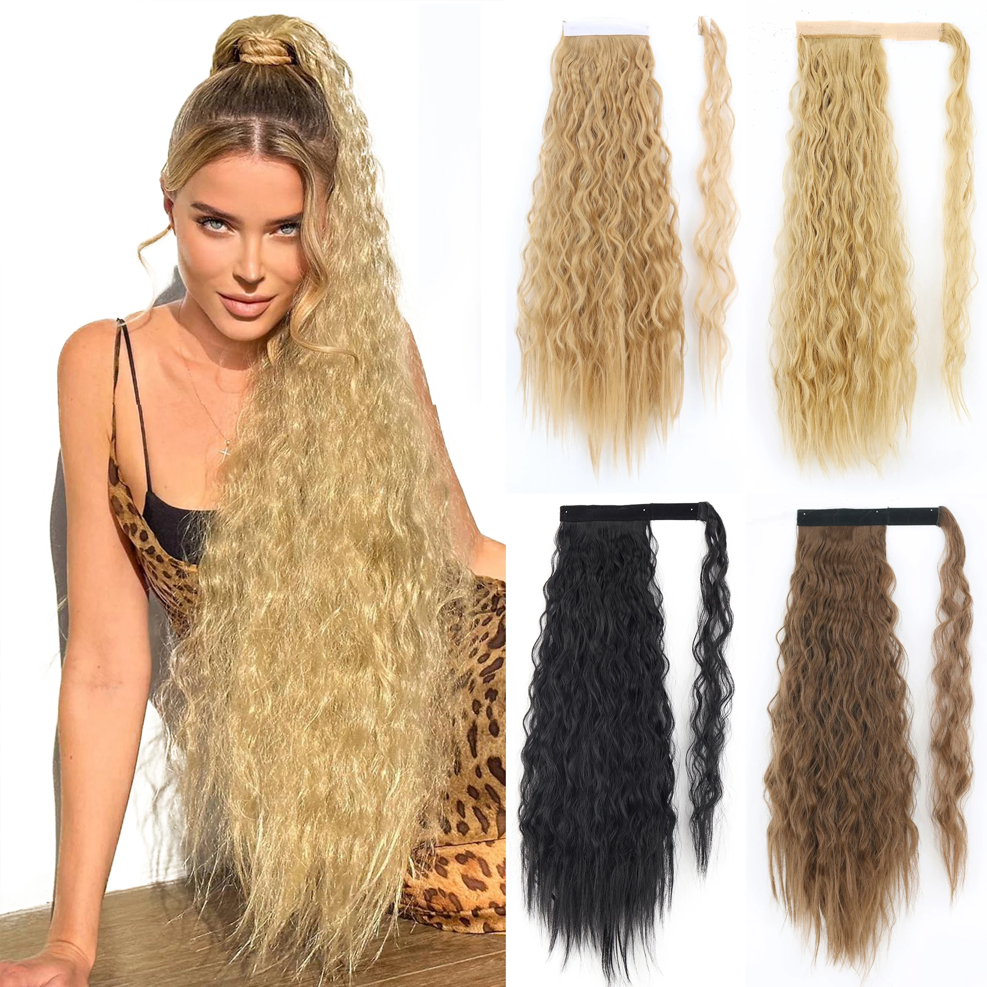 XINRAN Synthetic Long Natural Curly Ponytail Wrap Around Ponytail Hairpieces Black Heat Resistant Hair Extensions For Women