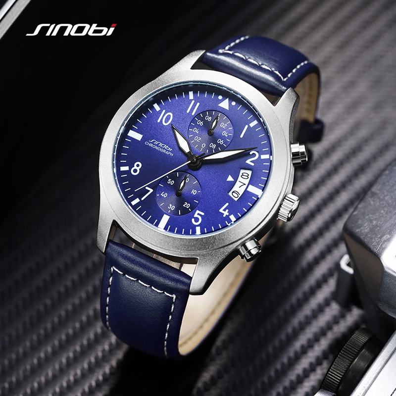 SINOBI Casual Design Men\'s Watches Fashion Leather Strap Man\'s Quartz Wristwatches Top Luxury Chronograph Male Gifts Clock