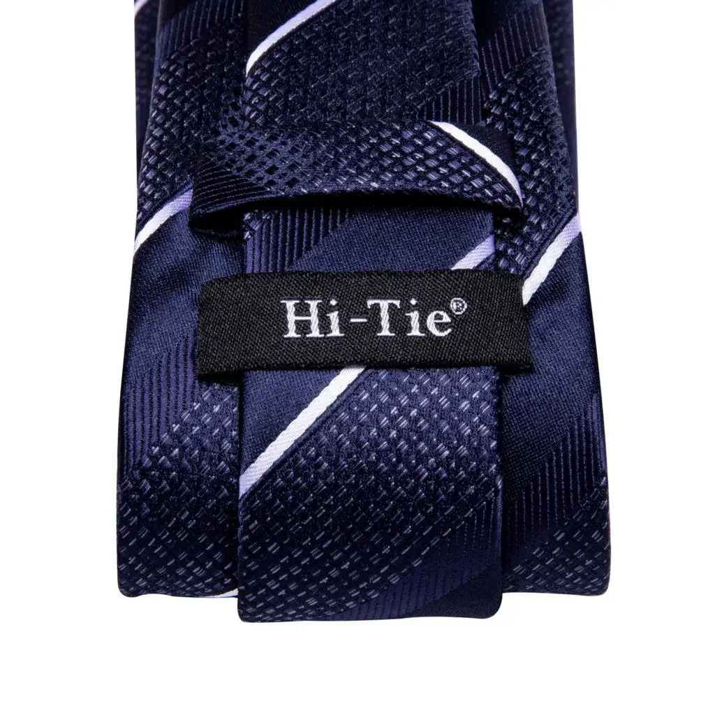 Hi-Tie Marineblau gestreifte Seide Herren Hochzeit Krawatte für Männer Qualität Taschentuch Manschetten knopf Geschenk Krawatte Set Business Party Modedesigner