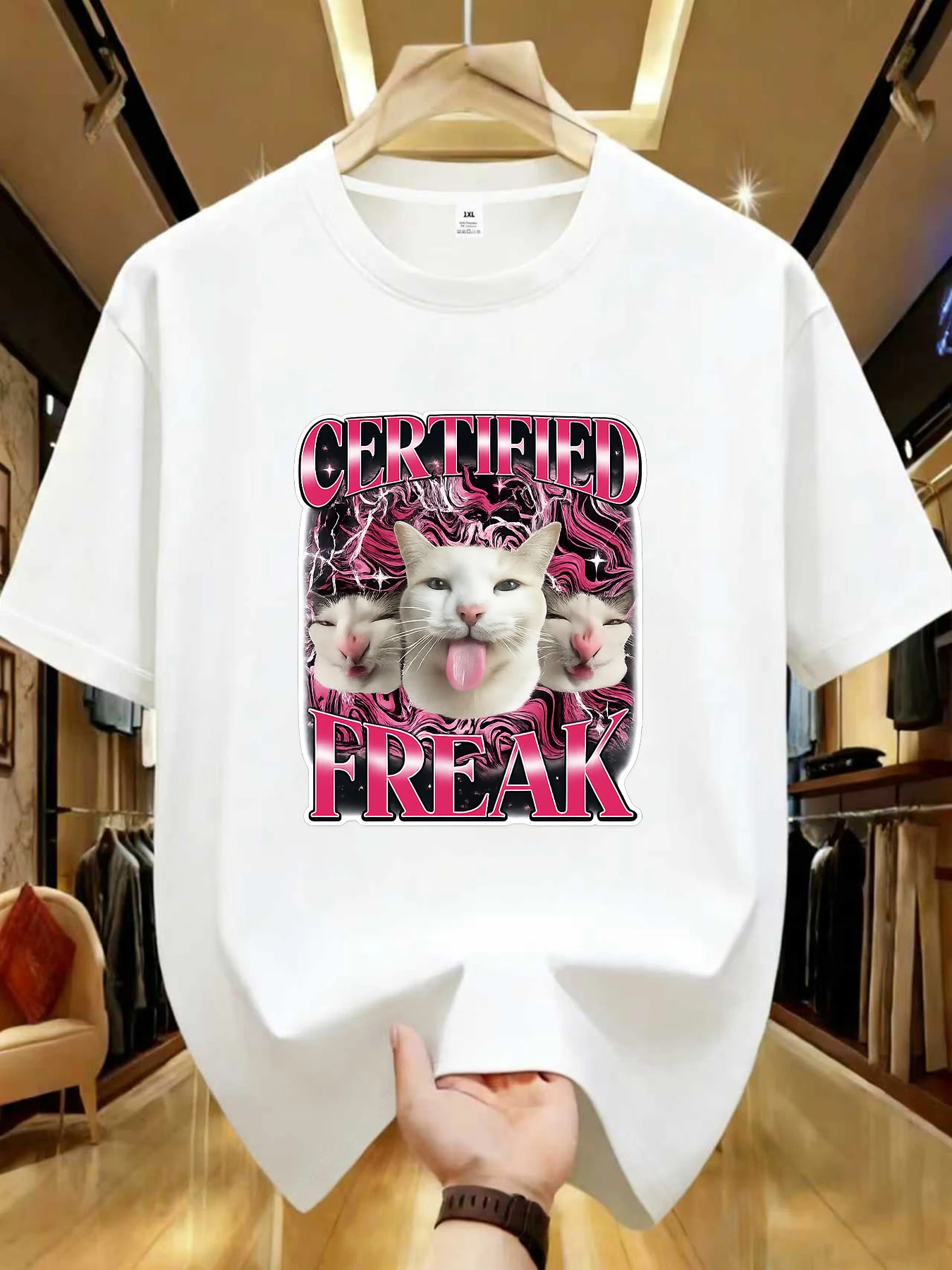 

【WZM102159】Cute little cat printed plus size women's round neck summer casual short sleeved street fashion versatile T-shirt