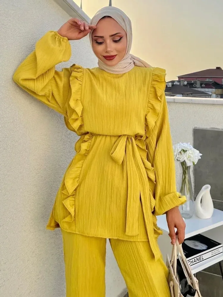 Women Eid Muslim Sets Two Pieces Kaftan Islam Ensemble Blouses Solid Ruffles Belt Wide Leg Pants Arab Casual Loose Pleated