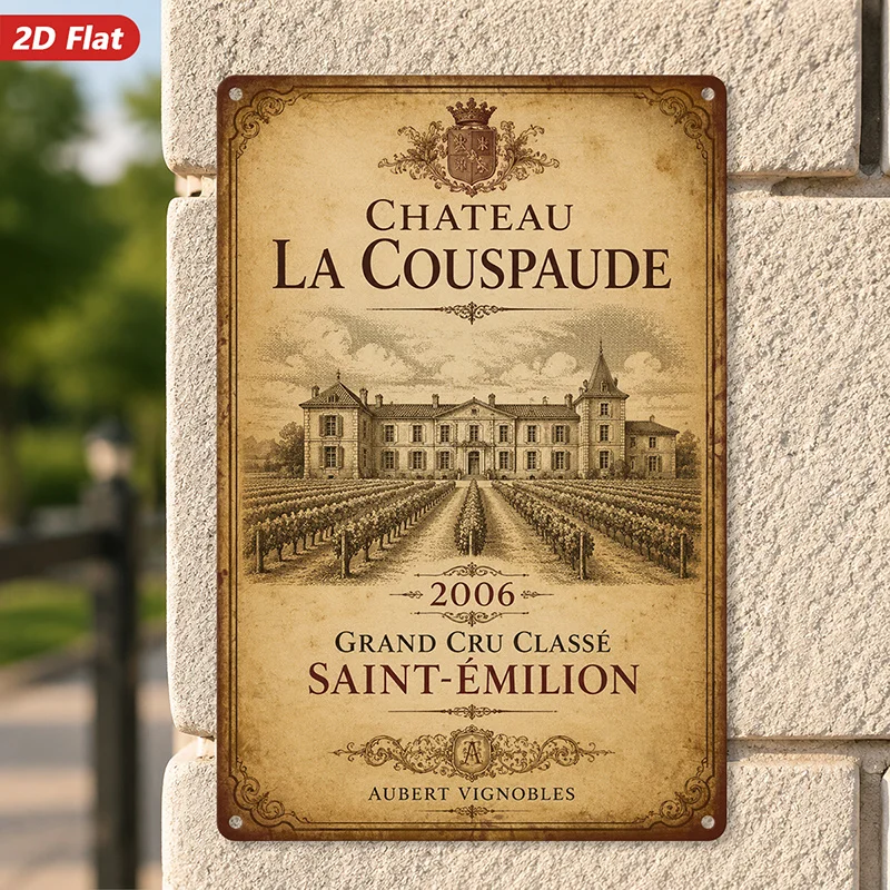 French Festive Estate Metal Sign Wall, Ideal for Workspace Bedroom, Vintage Vineyard Illustration, Classic Chateau Architecture