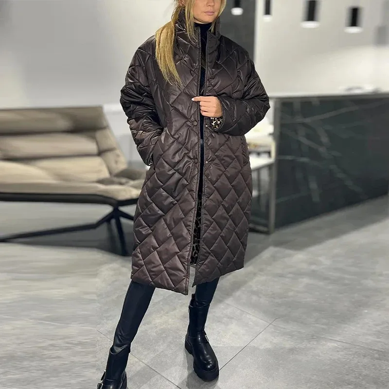 

Fashion Solid Long Quilted Jacket Women Loose Lapel Single Breast Street Warm Coat 2025 Autumn Winter Lady Outwear New