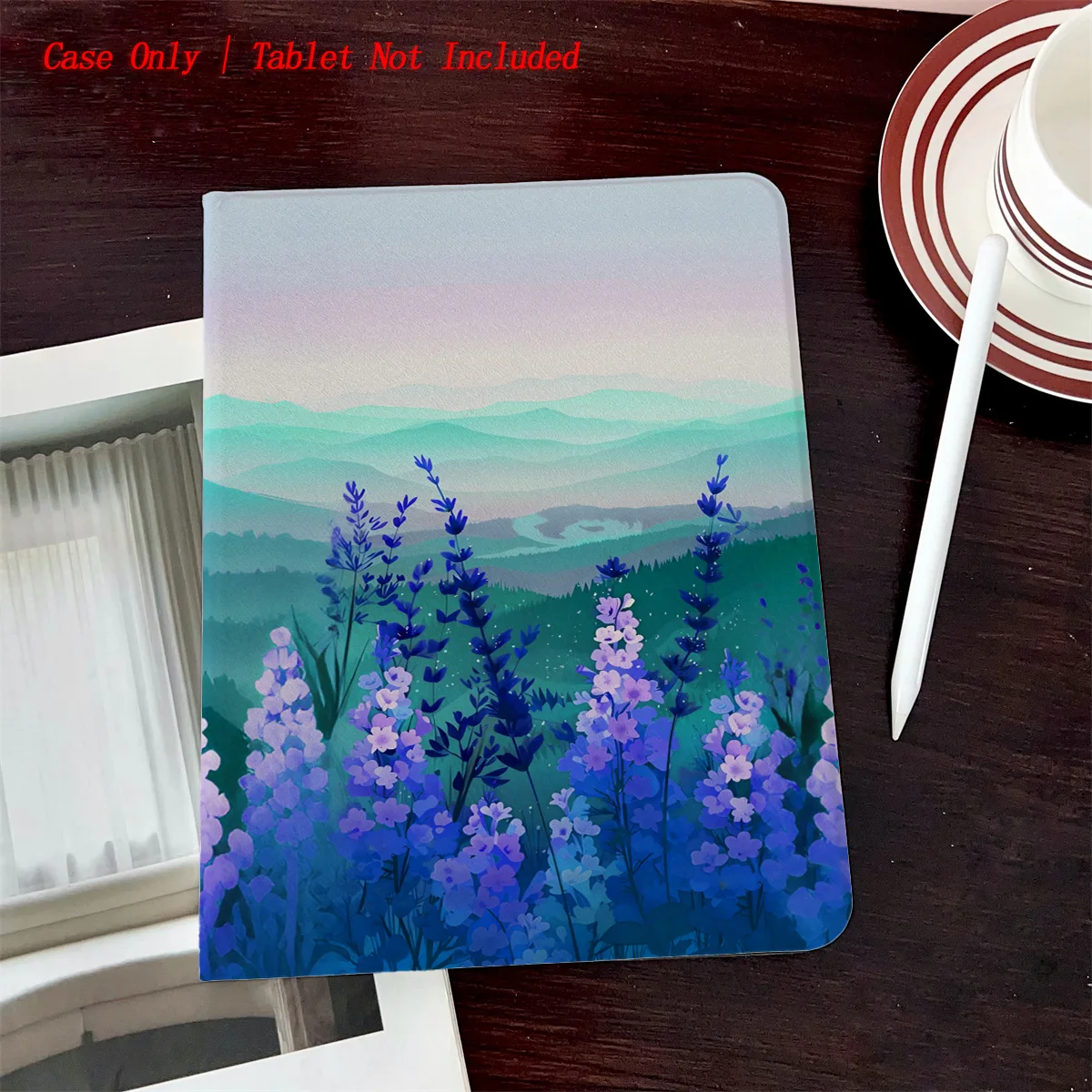 

Simple Fresh Style iPad Book Cover with Pen Slot & Purple Flower Scenery Print for Multiple Apple Models, Durable