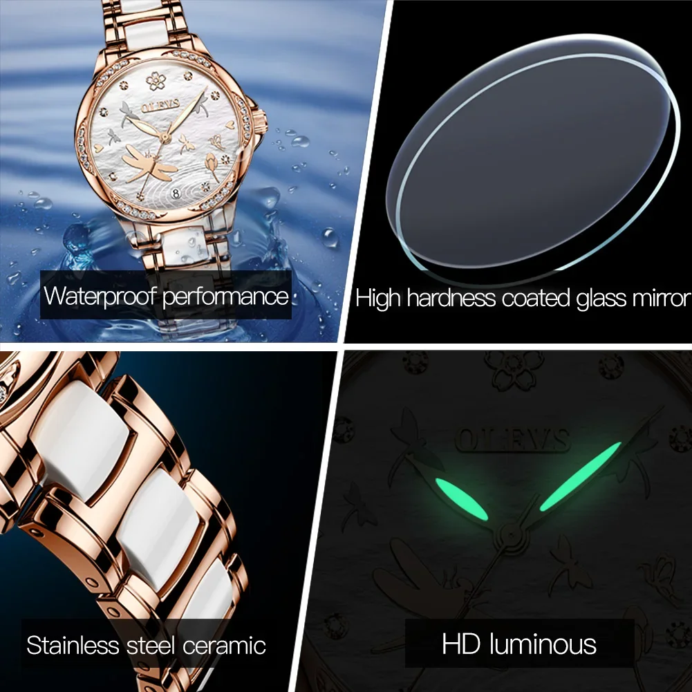 OLEVS-Relojes de pulsera mecánicos automáticos para mujer, reloj de cerámica con correa de cerámica, resistente al agua, calendario luminoso, 6610