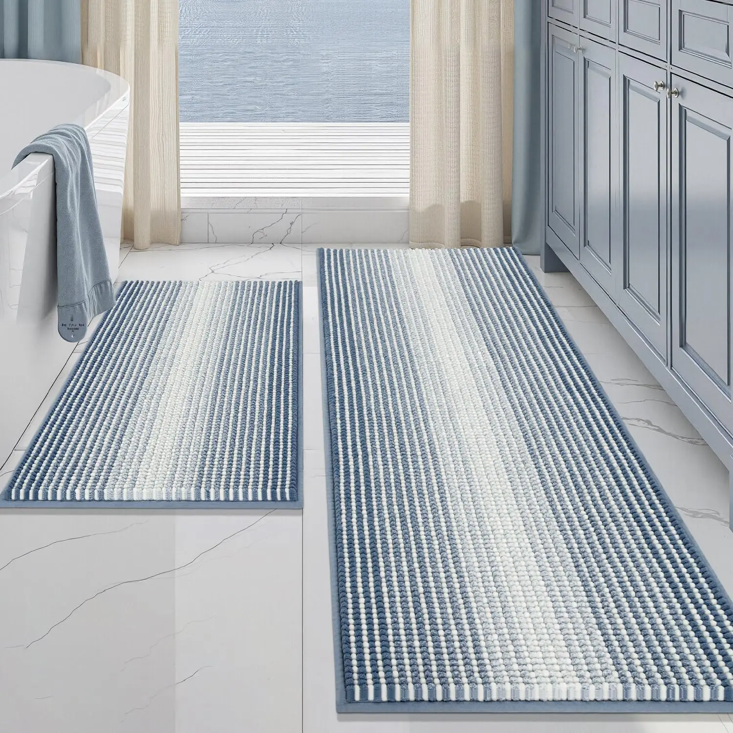 

2-Piece Chenille Bath Mat Set, Thick Absorbent Non-Slip Shaggy Floor Mats for Bathroom, Machine Washable (Fog Blue)