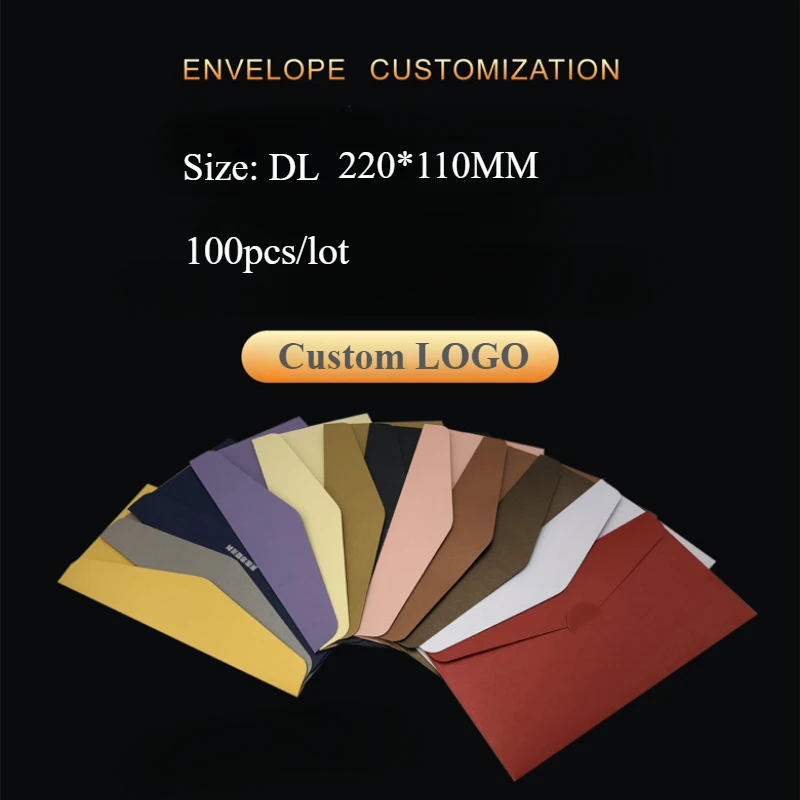 100PCS Free Custom Thickened Envelope Pearl Paper Invitation Letter Envelopes Gold Stamping 22x11cm