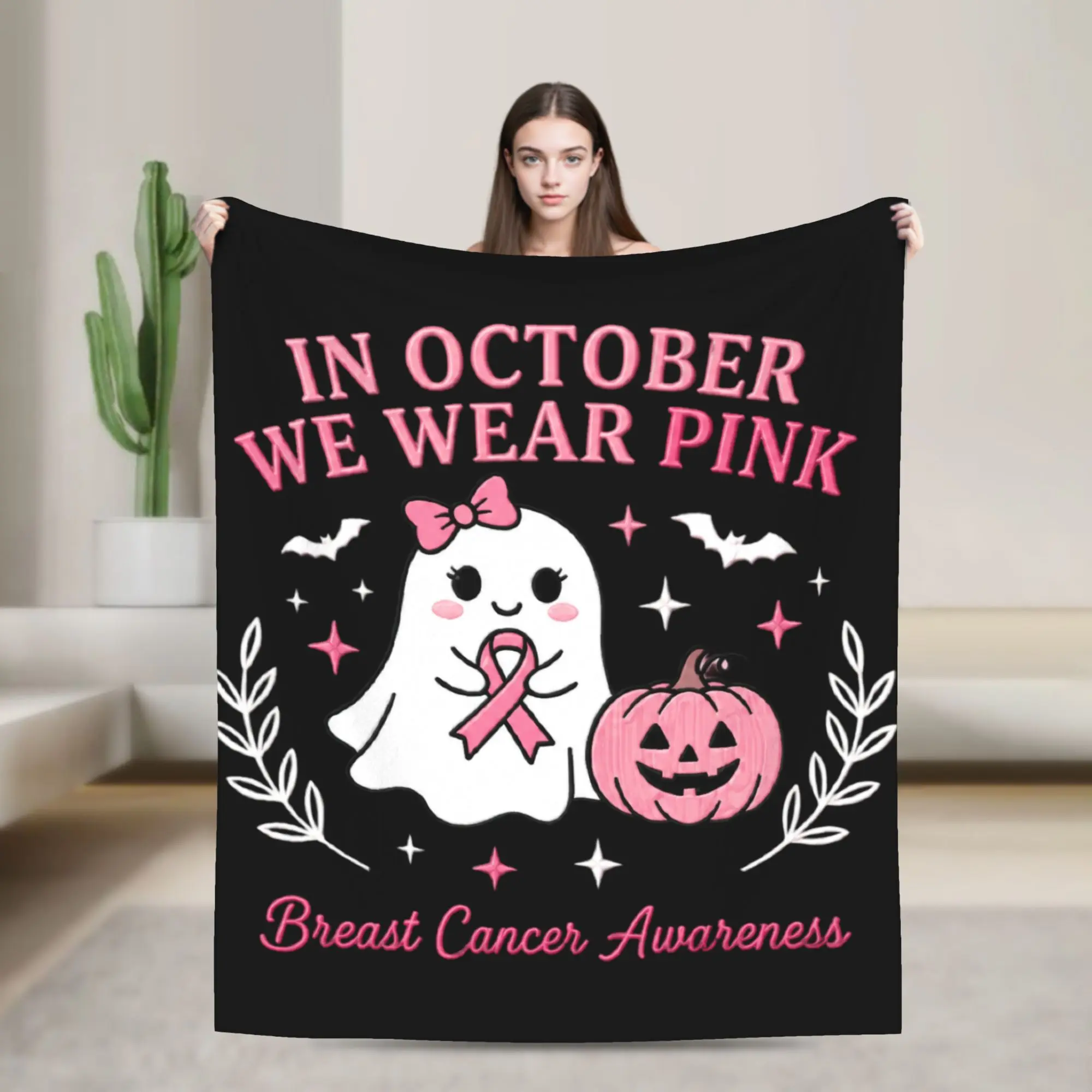 Breast Cancer Awareness Pink October Halloween Ghost Pumpkin Pink Ribbon Flannel Blankets Throw Blankets for Bed Sofa Couch