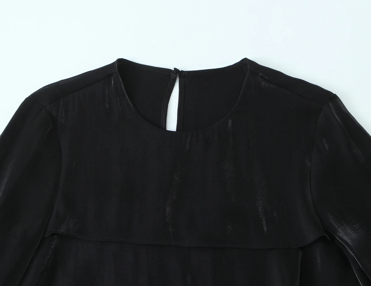 DEEABAE 2025 Winter New Product Women's Round Neck Long Sleeve Bright Fabric Stacked Decoration Back Split Shirt