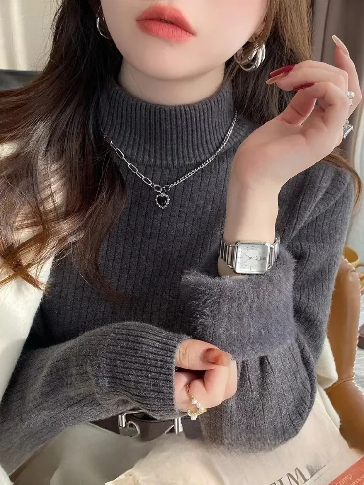 NEW Fashion  Winter Half High Collar Velvet Cozy Sweater Women Autumn Solid Color Casual Soft Knitted Top Long Sleeve Knitwear