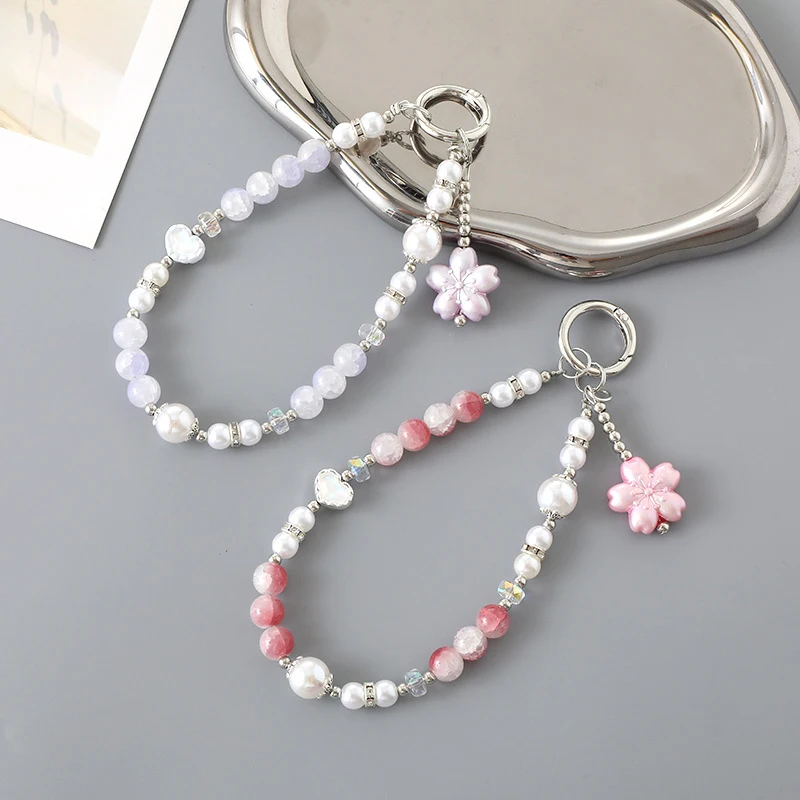 INS Korean Cute White Bow Heart Pearl Beads Beaded Phone Chain For iPhone Camera Hanging Rope Anti-Lost Lanyard Hanging Jewelry image 6
