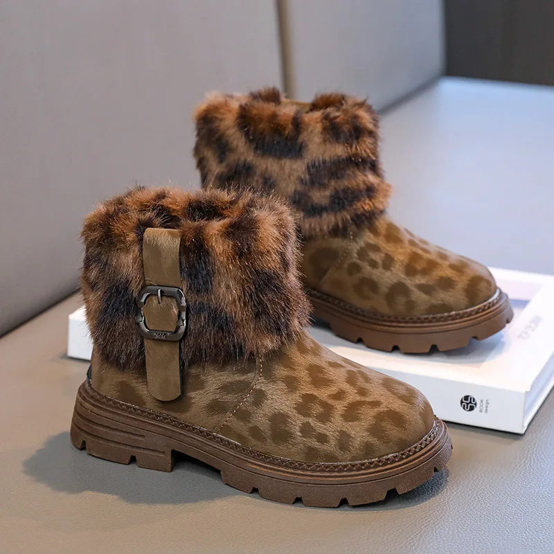 

2025 Winter Girls' Leopard Print Princess Boots Fleece Lined Thick Sole Children's Shoes Warm Anti-slip Toddler Kids Ankle Boots