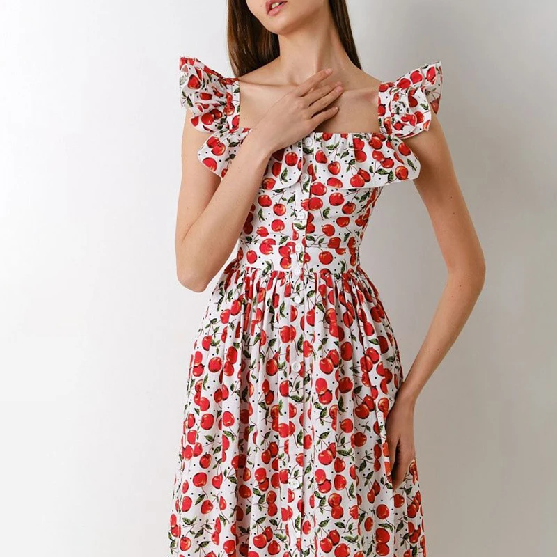 Robe longue à volants pour femmes, vêtements de plage, imprimé floral, col carré, boutons, fête, manches bouffantes, volants, style boho, été