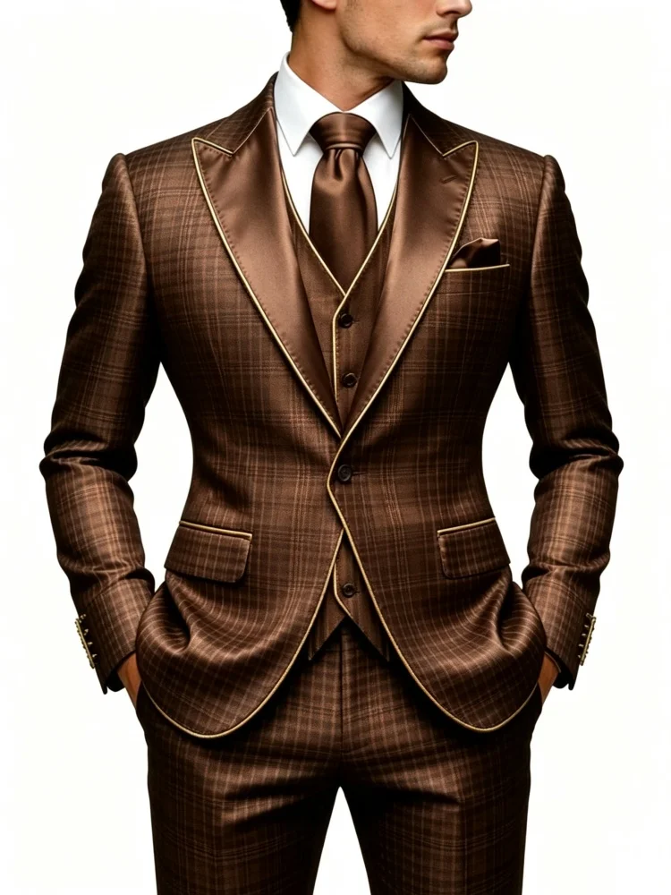 Mens Luxury Glossy Satin Coffee Check Printed Peak Lapel Suit Jacket Slim Fit Single Button Evening Groom Tuxedo