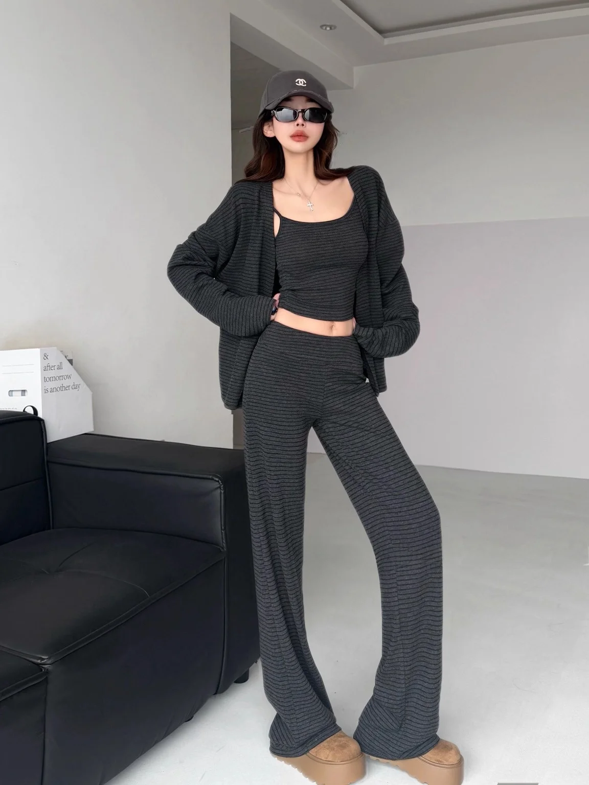 레트로 슬레 스트라이프 티셔츠 세트 슬림핏 롱 레그 오픈 가디건 롱 팬츠 베스트 여자용 하이웨이스트 가을 패션 세트