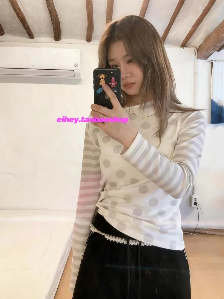 

Spring Autumn New Polka Dot Printed Stripes Long Sleeved T-shirt for Women Korean All Match Slim Fit Undershirts Women Y2k Top