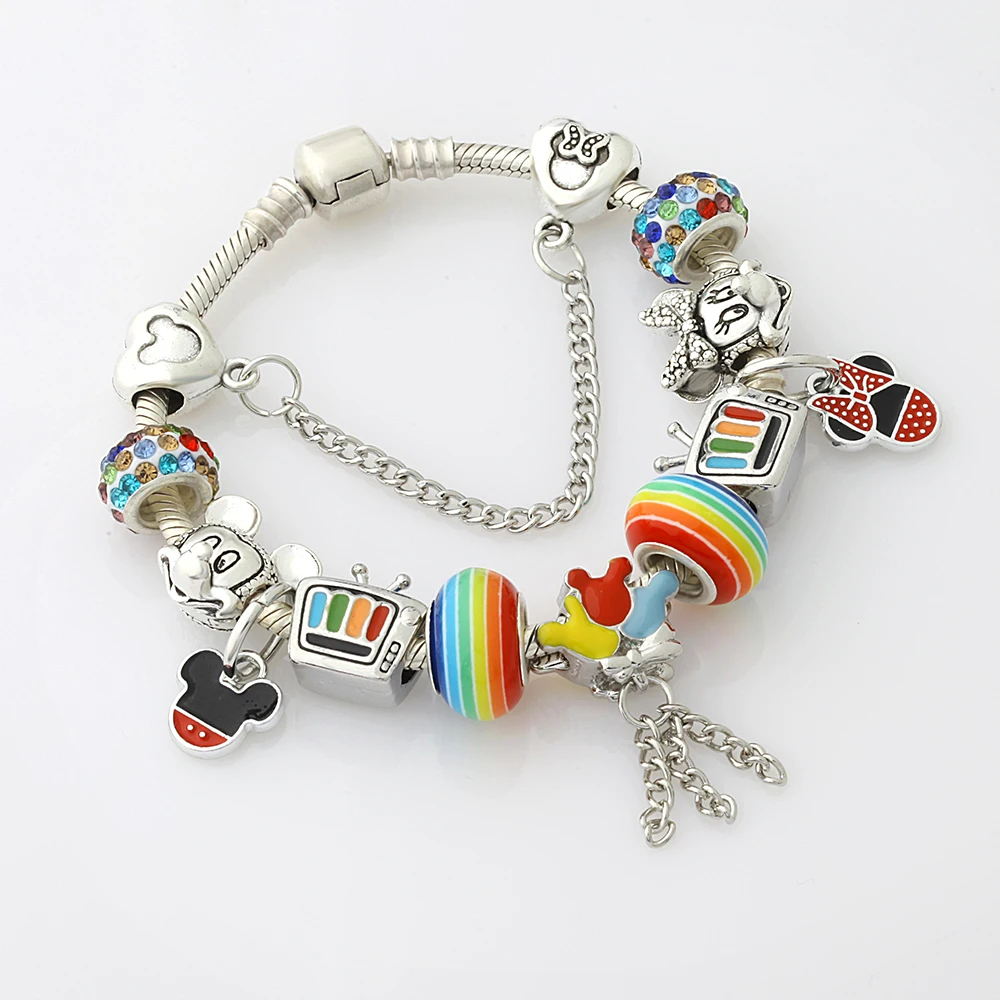 Colorful Rainbow Enamel Crystal Cartoon Animal Charm Bracelet Trendy Mickey Minnie DIY Bead Jewelry Gift for Women