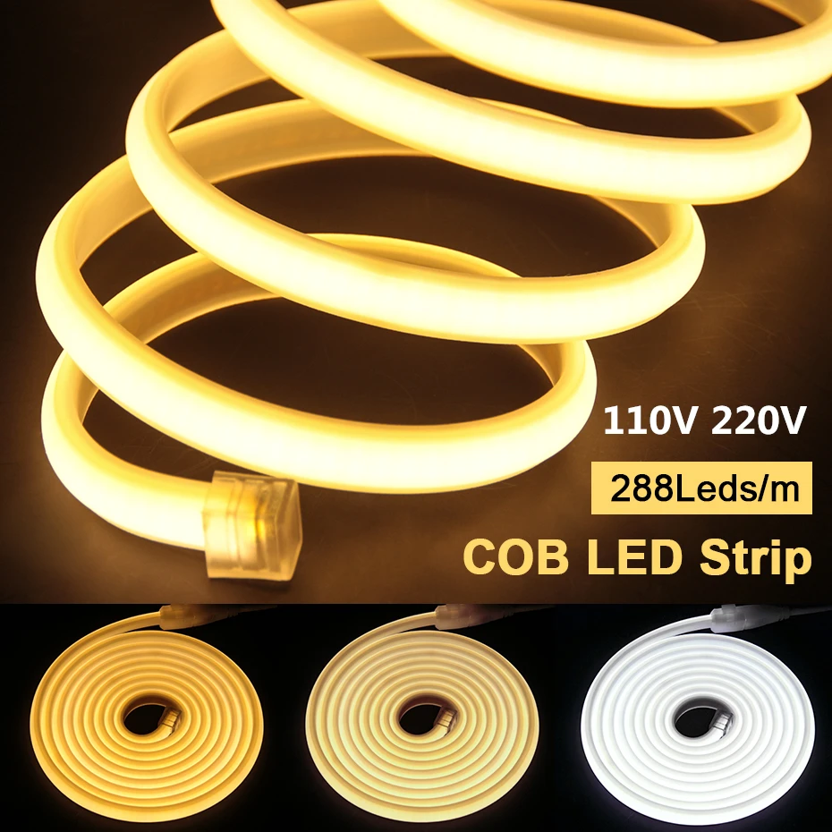 

High Bright 110V 220V COB Neon LED Strip 20m 35m 50m 288Leds/m Waterproof Soft Flex COB Led Tape Lighting Outdoor Indoor Decor