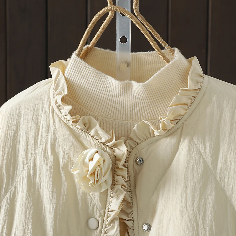 معطف شتوي نسائي خفيف الوزن من القطن من Jaet فضفاض مناسب عتيق مزين بالزهور ثلاثي الأبعاد بتصميم أذن خشبية #2