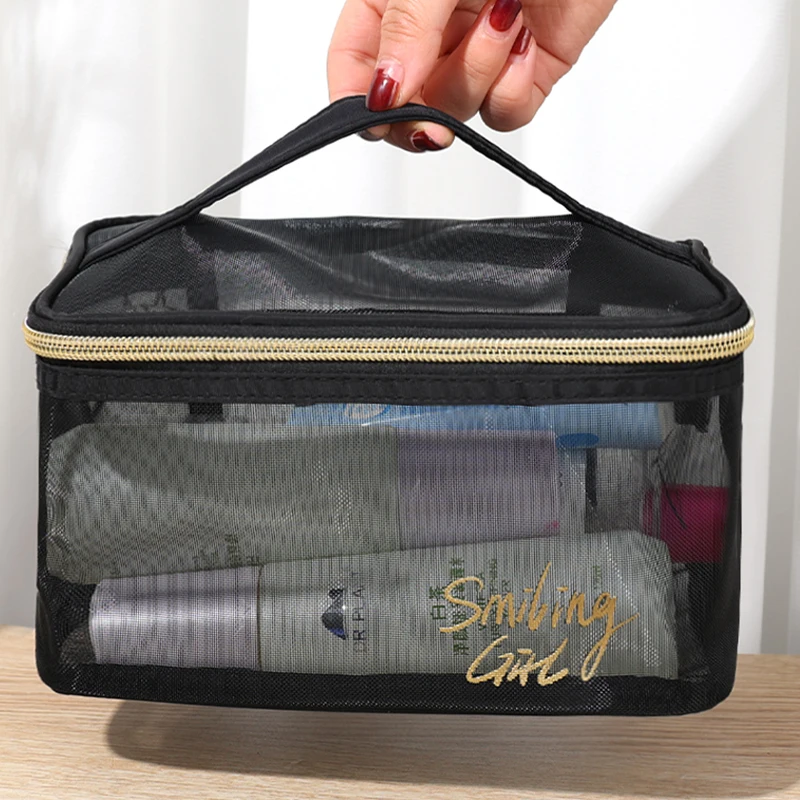 Estuche organizador de maquillaje de malla negra de gran capacidad, bolsa de almacenamiento informal con cremallera, bolsas de aseo para maquillaje,