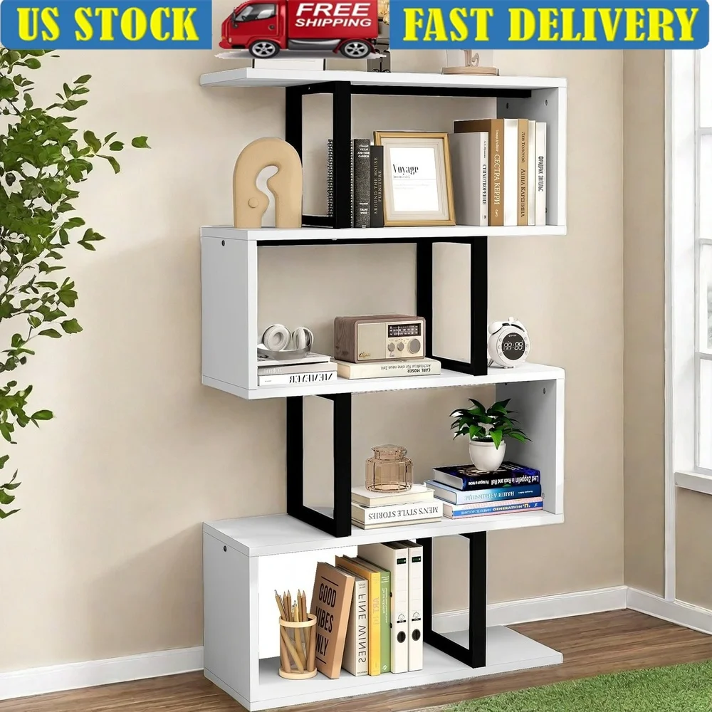 

5-Tier S-Shaped Bookshelf Wooden Geometric Bookcase Modern Open Shelving Freestanding Display Storage Unit Home Office Living