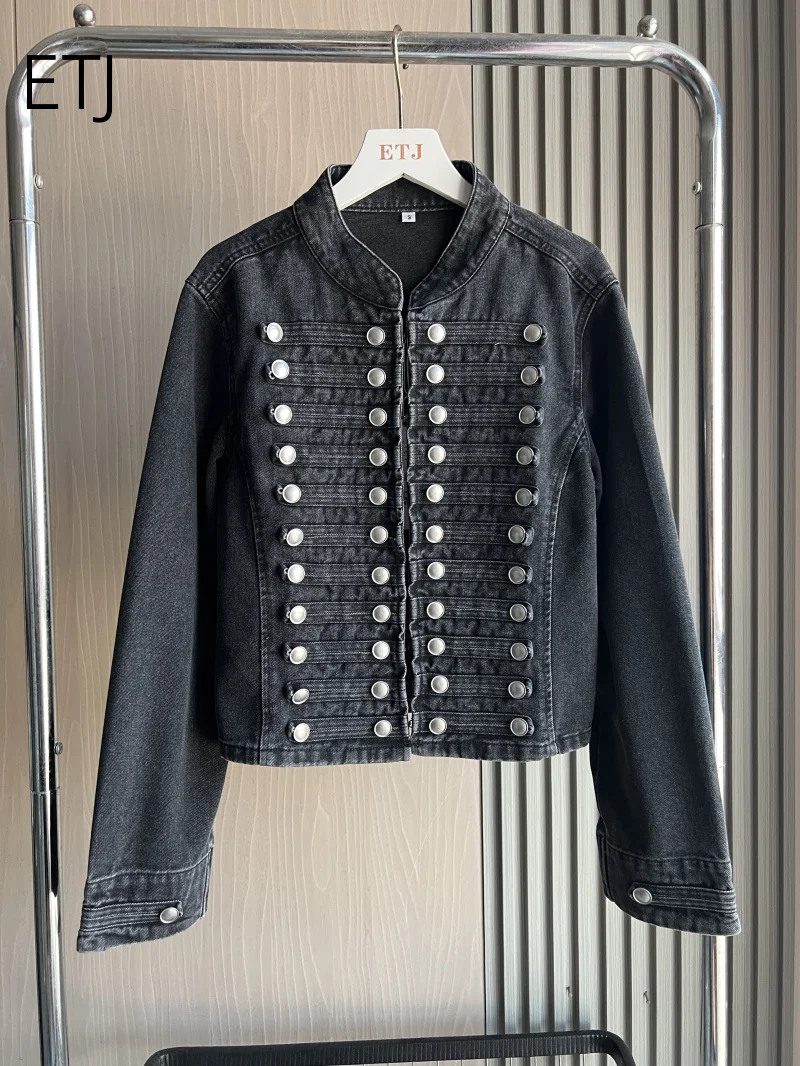 ETJ 2026 Damen Napoleon-Stil Jeansjacke Vintage Militär Doppelreihiger Mantel Silberne Knöpfe Slim Fit Herbst Oberbekleidung – Detail 14