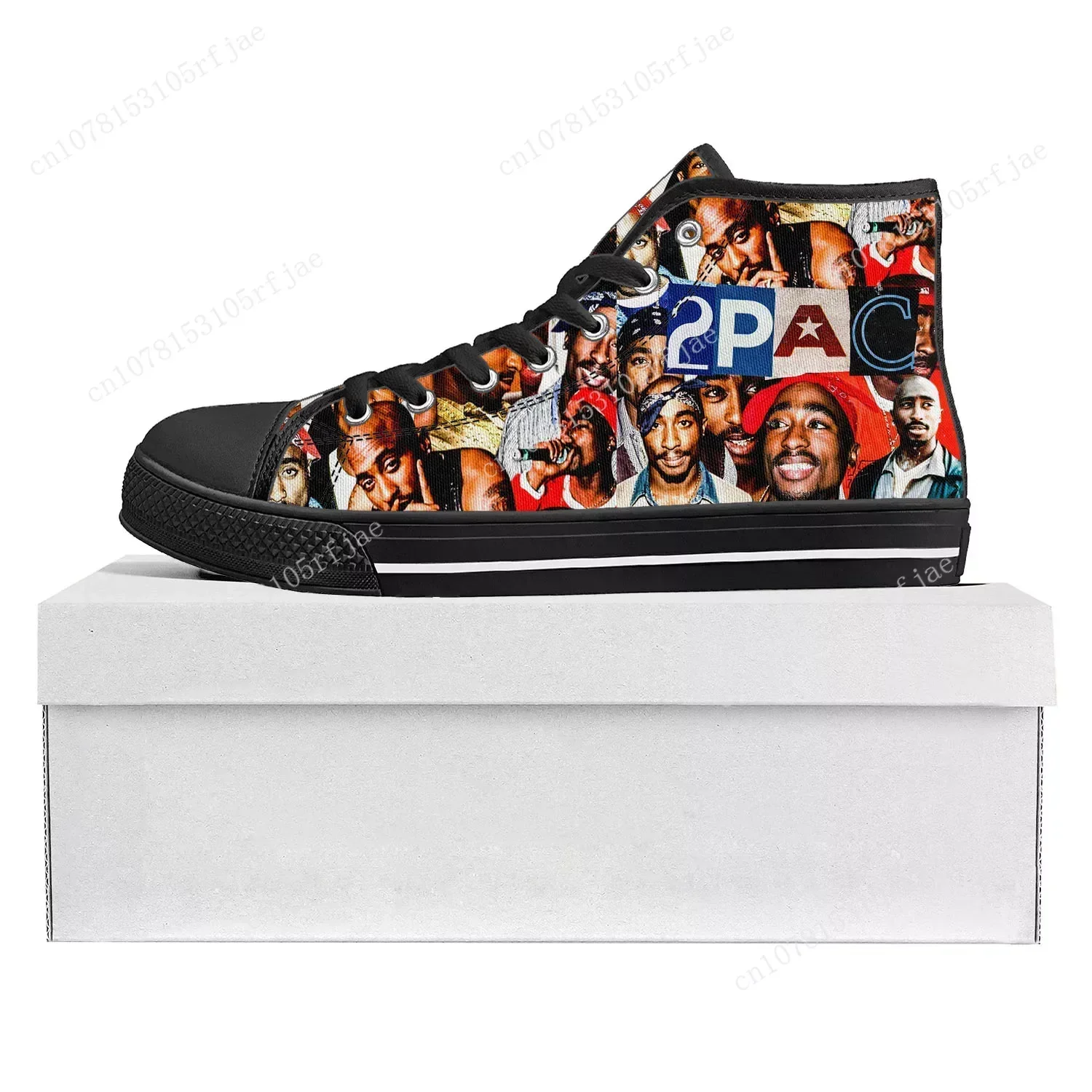 2Pac Hip Hop Rapper Tupac Pop Zapatillas altas de alta calidad para hombre, mujer, adolescente, zapatillas de lona, par de zapatos, zapato personalizado negro