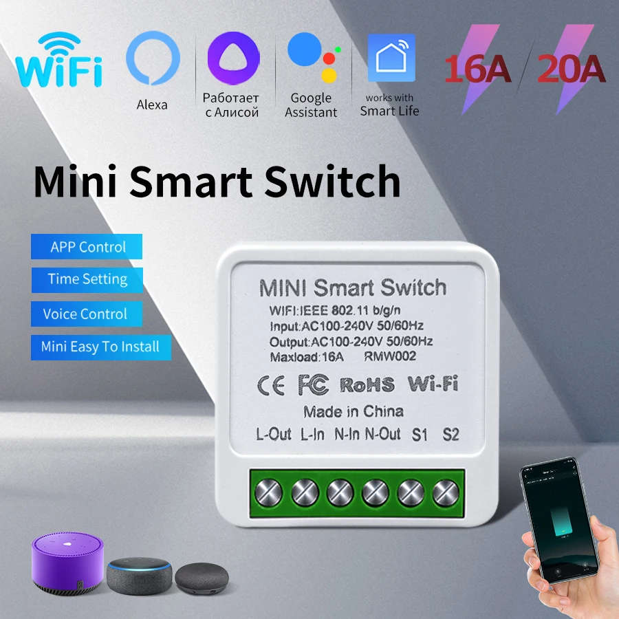 16A/20A WiFi Mini Smart Switch Module 2-way Control Cozy Life APP Remote Control for Alexa Google Home Automation Voice Control