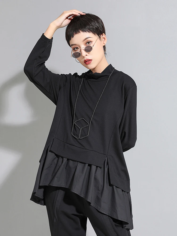 EAM Loose Fit Asymmetrical Ruffles Sweatshirt New High Collar Long Sleeve Women Big Size Fashion Tide Spring Autumn 2024 1A529