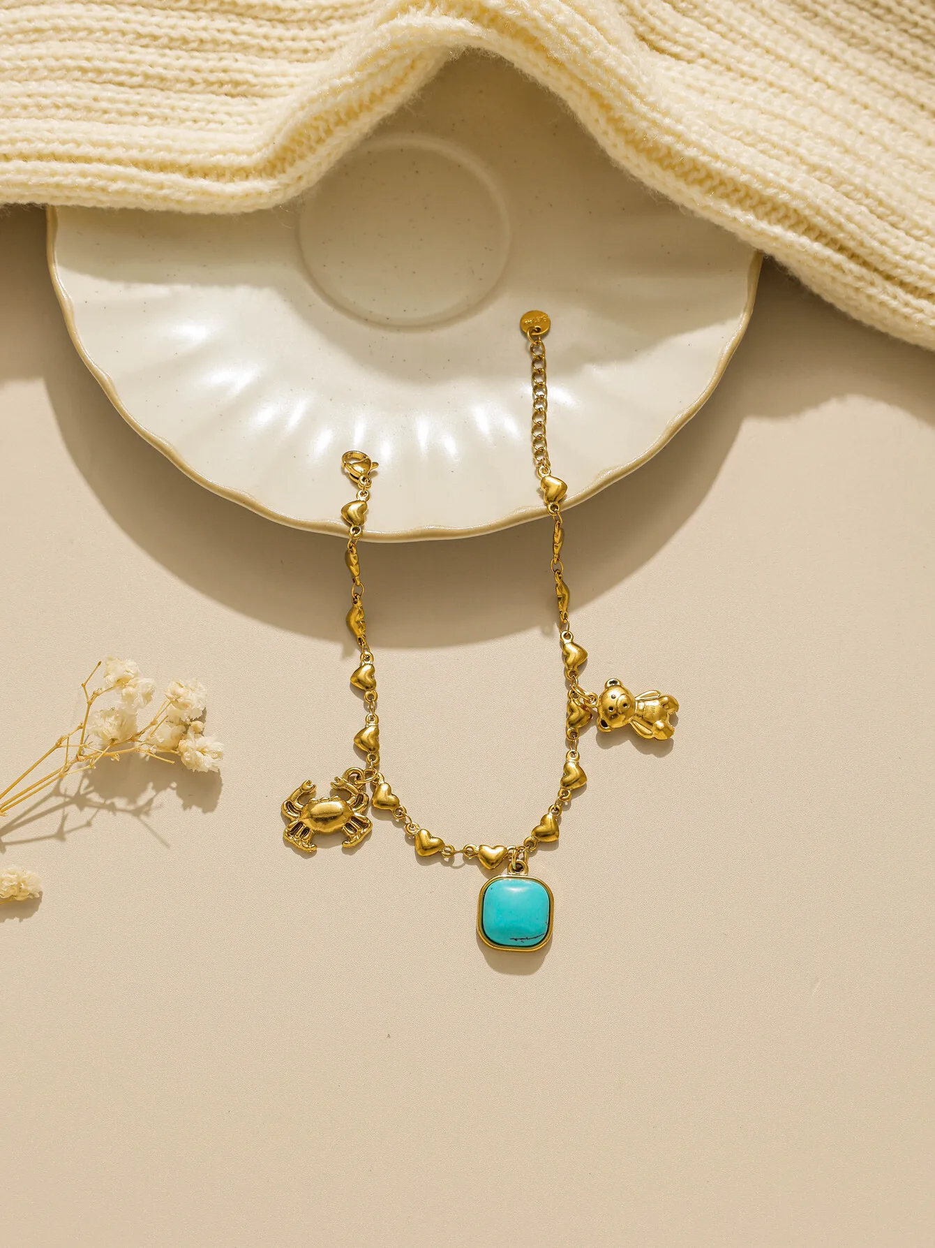 316L الفولاذ المقاوم للصدأ الذهب مربع الجولة الفيروز المهر الدب قلادة الحب سلسلة سوار المرأة موضة جديدة لطيف مجوهرات هدية