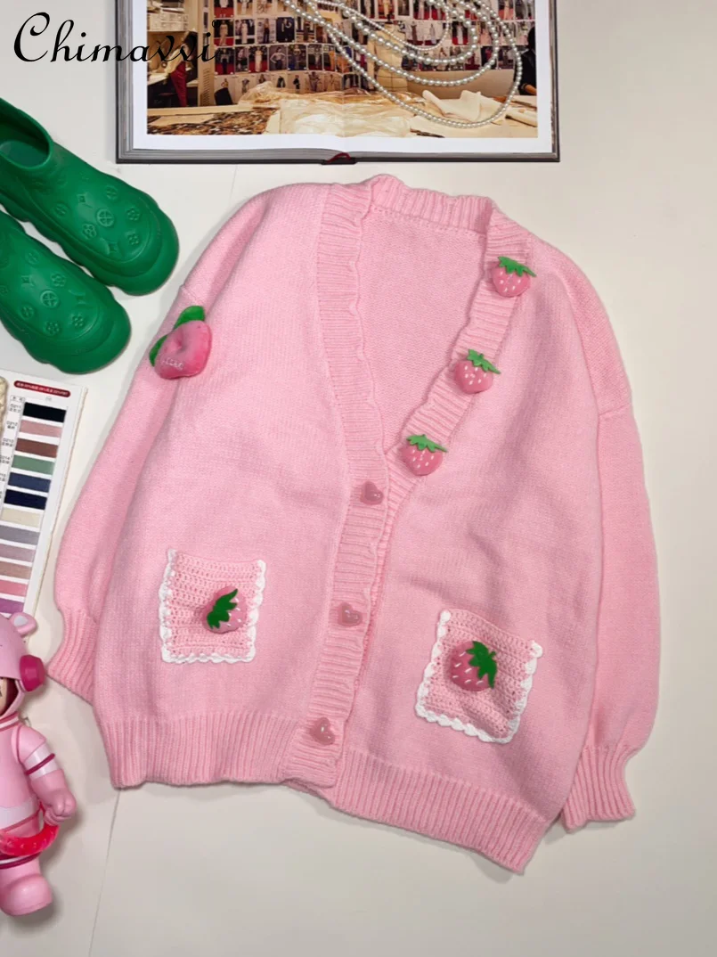 Sweet Girl 3D Strawberry Decorative Loose V-neck Knitted Cardigan 2024 Autumn and Winter New Long-sleeved Loose Sweater Coat