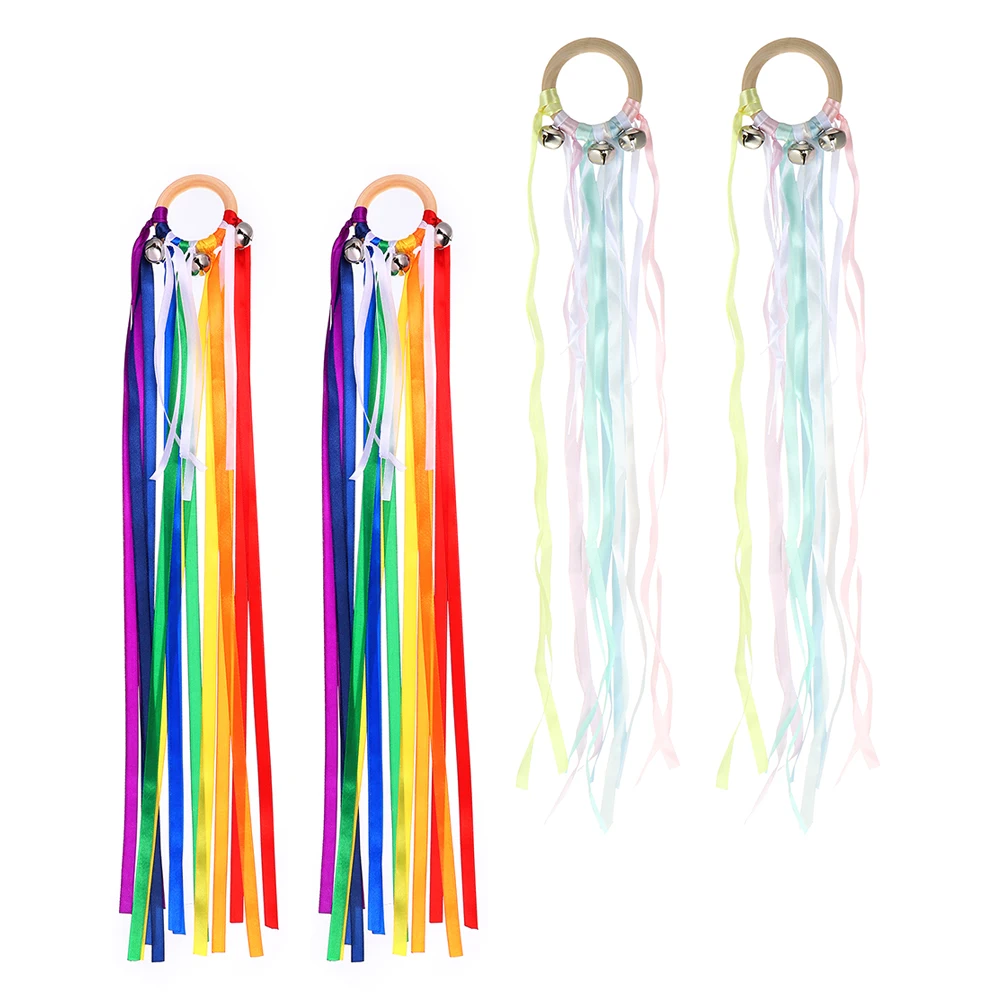 

2Pairs Wood Ribbons Lightweight KidsDance Gymnastics Yoga PartyDecorations OrientalDance RhythmicProps Streamers Bracelets