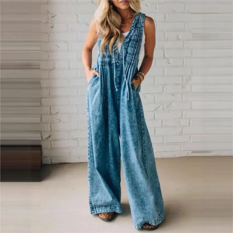 

Fashion Casual Jumpsuit Women's 2025 Loose Sleeveless Solid color Pleated Lace-up One Piece Set Romper Pocket Playsuit（no Denim）