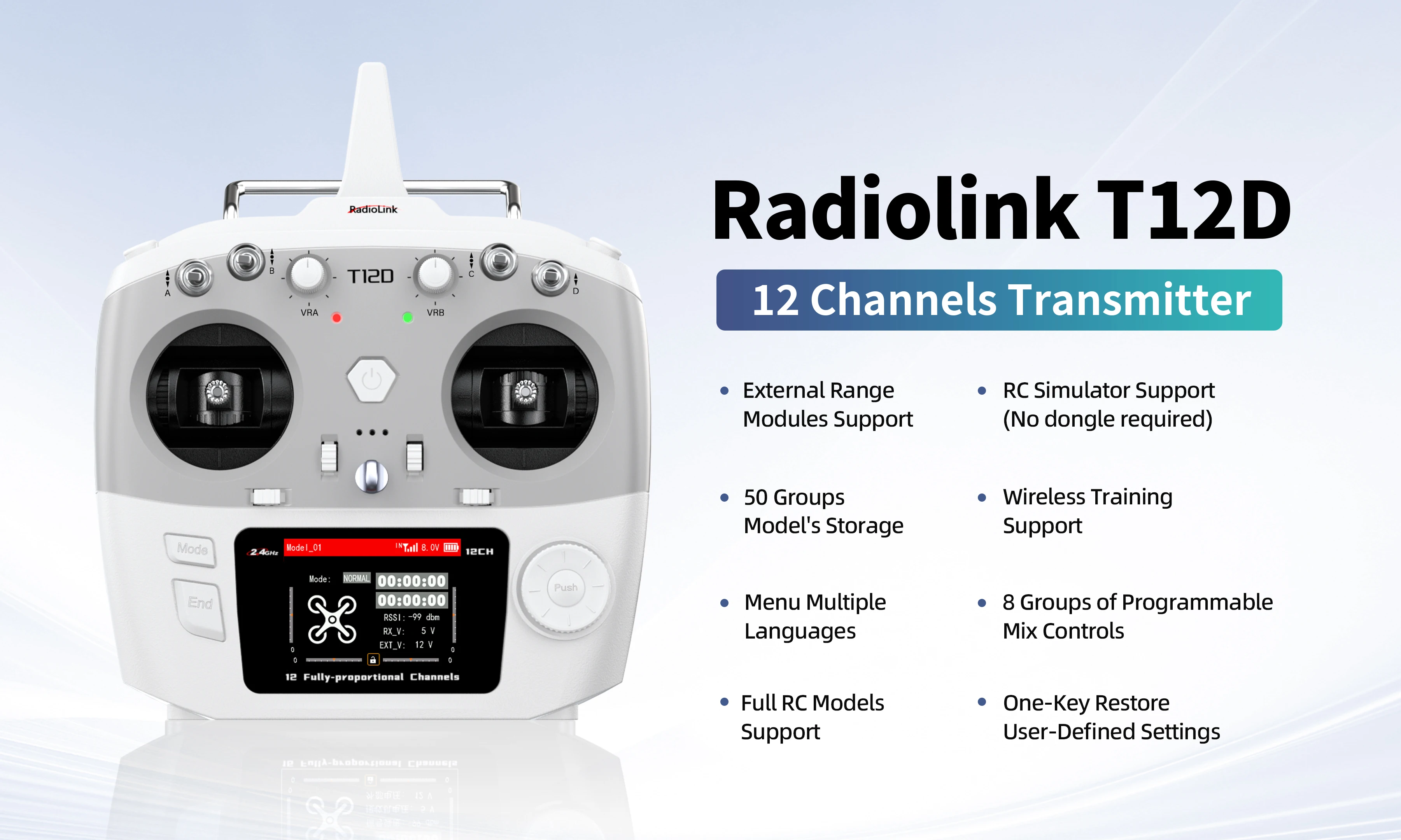 RadioLink T12D JR Modul 12CH 2,4GHz RC Sender & R12F 8 Programmierbare Mischung FHSS 50 Modelle 4KM für FPV Drohnen, Autos und Boote – Detail 1