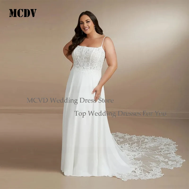 

MCDV 2025 A Line Luxury Chiffon Wedding Dresses for Plus Size Women Customized with Lace Appliques Beading Long Bridal Gowns