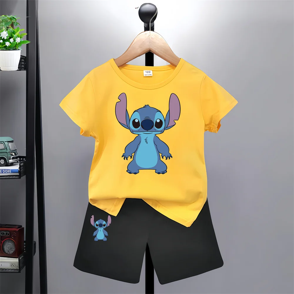 Disney Lilo Stitch Kids T-shirt Pants Kawaii T-shirt Anime Cartoon Kids Casual Clothing 2-piece set Kids Girls Boys Fashion Y2K