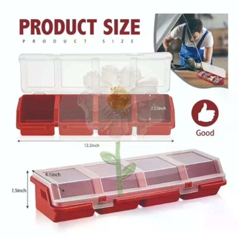Screw Organizer Box Durable Plastic 4 Compartments Blue Red Black with Lid for Office Supplies and Hardware