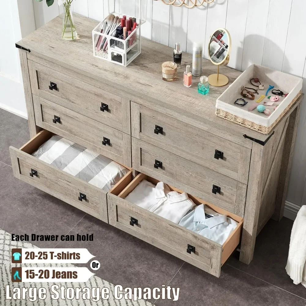 Farmhouse 6 Drawers Dresser for Bedroom, Wood Rustic Wide Chest of Drawers, Storage Dressers Organizer for Bedroom